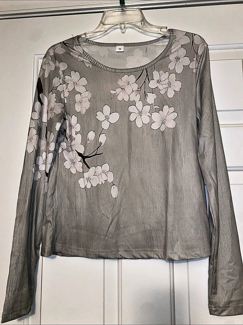 Floral Long Sleeve Ribbed Top in Sage and White - Size Medium NWOT